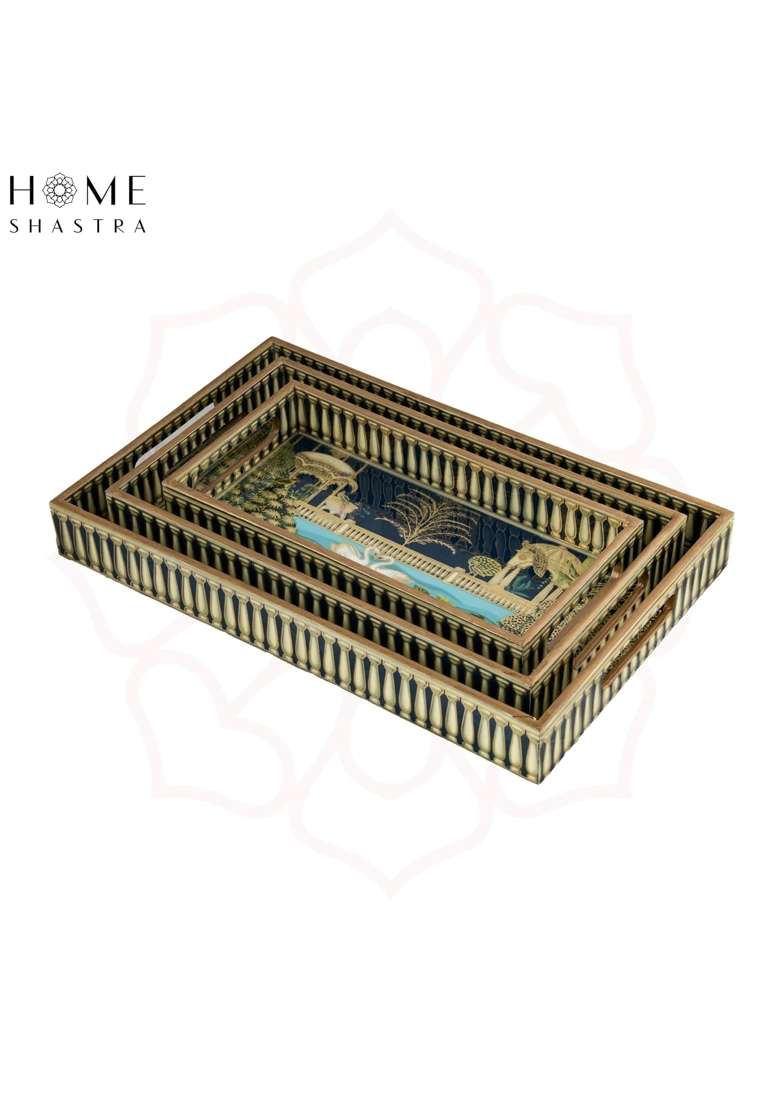 Homeshastra Swan Wooden Serving Tray with Gold Engraving Size 16 X 10 Inch Set of 3 - Indya