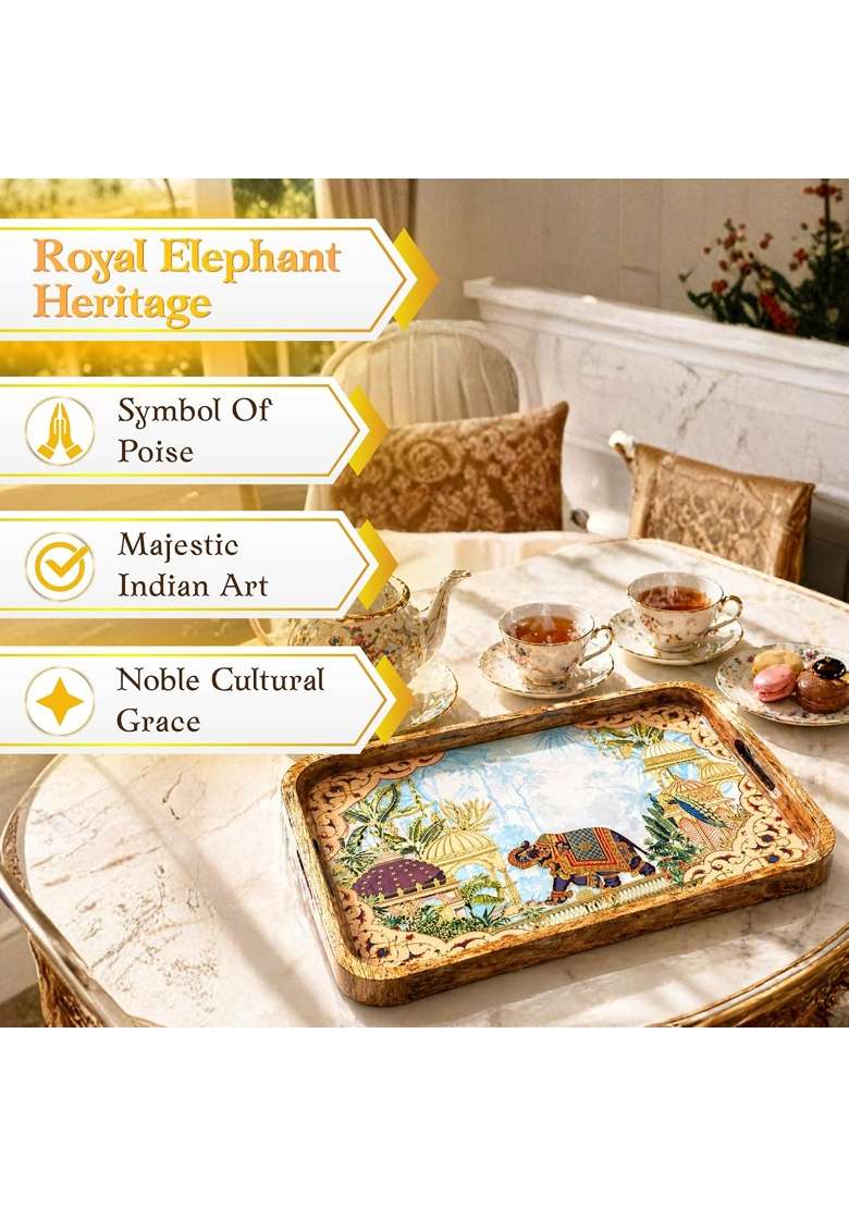 Pavitra Uphaar Brown Elegant Wooden Serving Tray Elephant Art Waterproof Enamel Finish with Easy Grip Handles - Indya