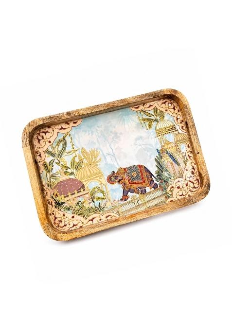 Pavitra Uphaar Brown Elegant Wooden Serving Tray Elephant Art Waterproof Enamel Finish with Easy Grip Handles