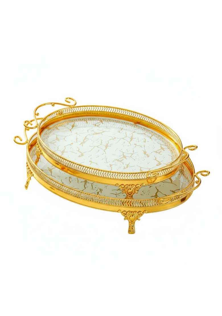 Clovrix Openwork Rim Oval Metal Serving Tray Curled Handles Gold Oval Tray Marble Like Pattern Home Accessory - Indya