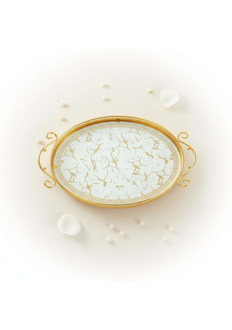 Clovrix Openwork Rim Oval Metal Serving Tray Curled Handles Gold Oval Tray Marble Like Pattern Home Accessory - Indya