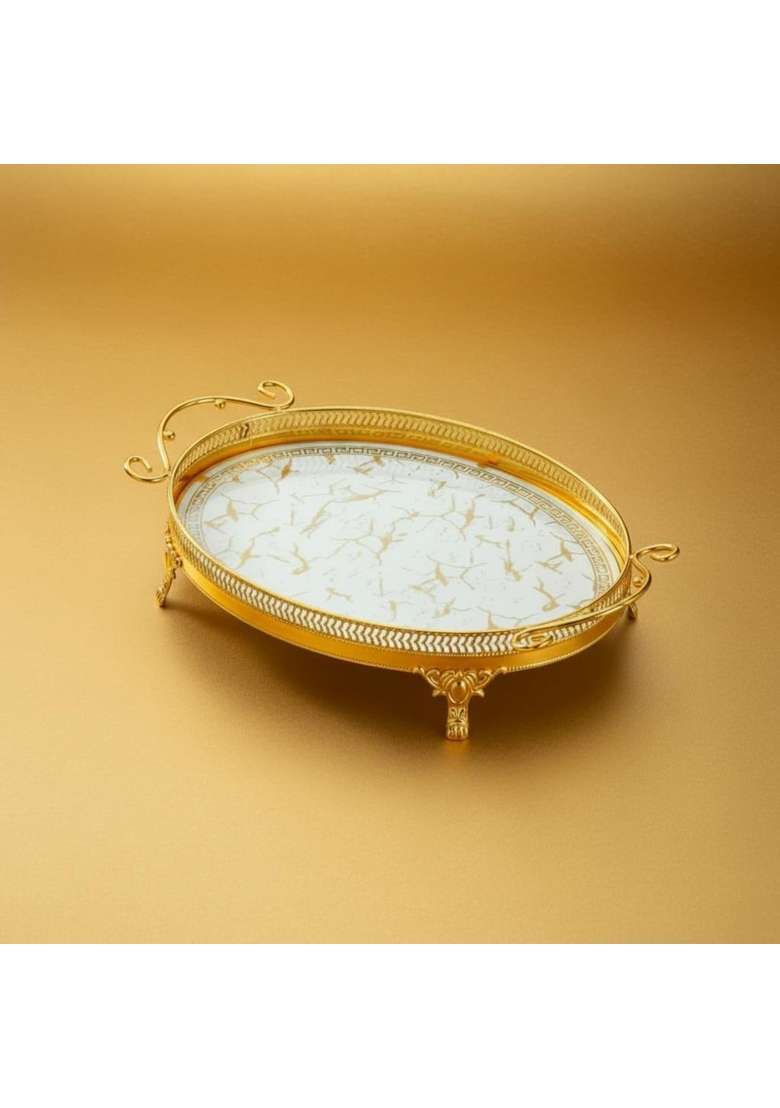 Clovrix Openwork Rim Oval Metal Serving Tray Curled Handles Gold Oval Tray Marble Like Pattern Home Accessory - Indya