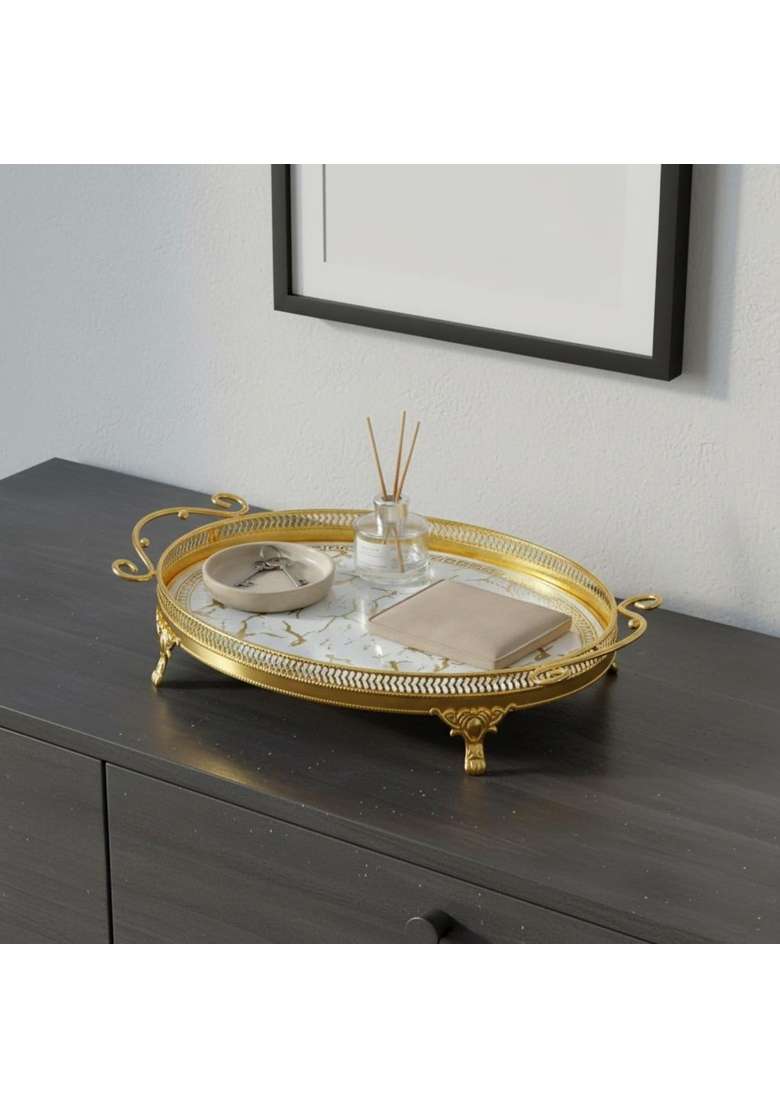 Clovrix Openwork Rim Oval Metal Serving Tray Curled Handles Gold Oval Tray Marble Like Pattern Home Accessory - Indya