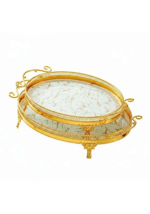 Clovrix Openwork Rim Oval Metal Serving Tray Curled Handles Gold Oval Tray Marble Like Pattern Home Accessory