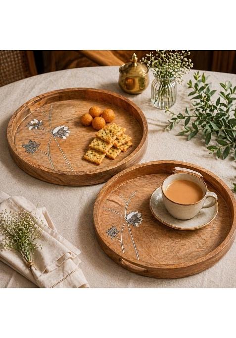 Artysta Blue Blooming Lotus Wooden Serving Tray for Breakfast Round Multipurpose Tray with Handles Set of 2