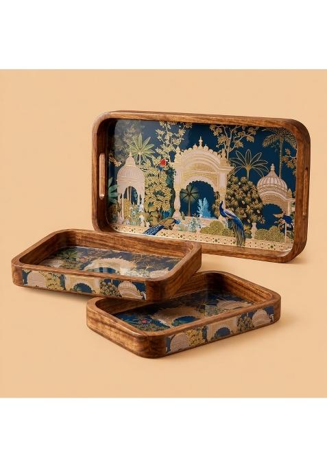 Amimashop Waterproof Wooden Trays Rectangular Serving Tray Set Set of 3