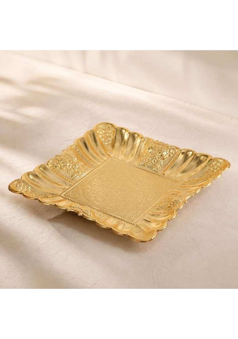 Clovrix Ornate Electroplated Iron Fruit Tray Decorative Square Iron Serving Tray Multi Functional Trays Long - Indya