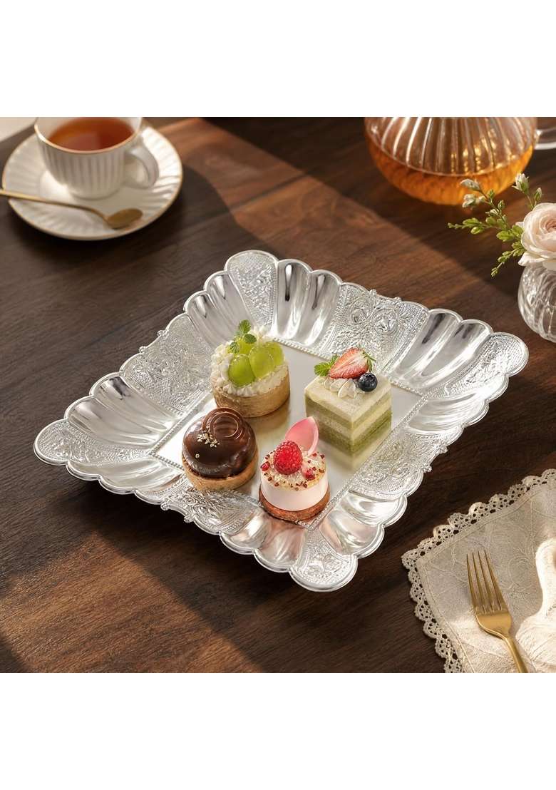 Clovrix Ornate Electroplated Iron Fruit Tray Decorative Square Iron Serving Tray Multi Functional Trays Long - Indya