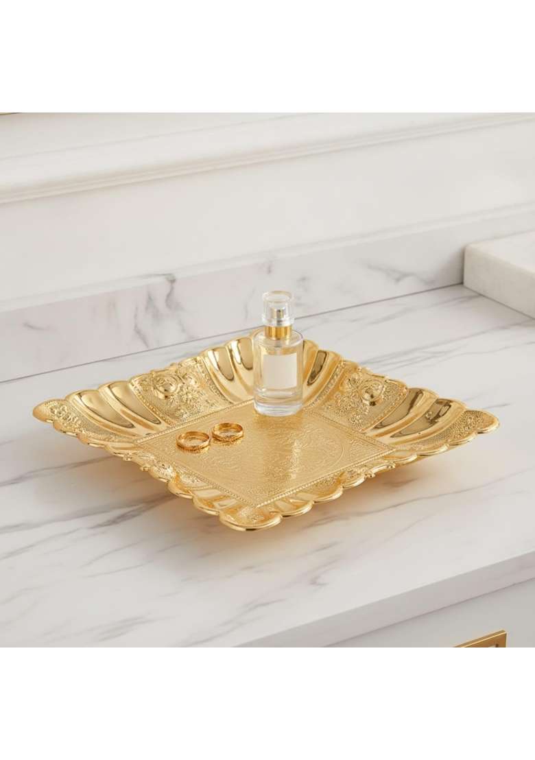 Clovrix Ornate Electroplated Iron Fruit Tray Decorative Square Iron Serving Tray Multi Functional Trays Long - Indya