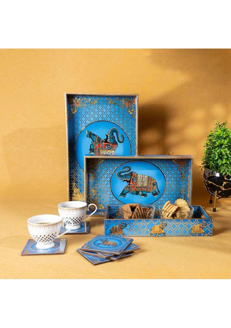 Amimashop Wooden Serving Trays with 6 Coasters Kitchen and Dining Table Decor Set of 3 - Indya