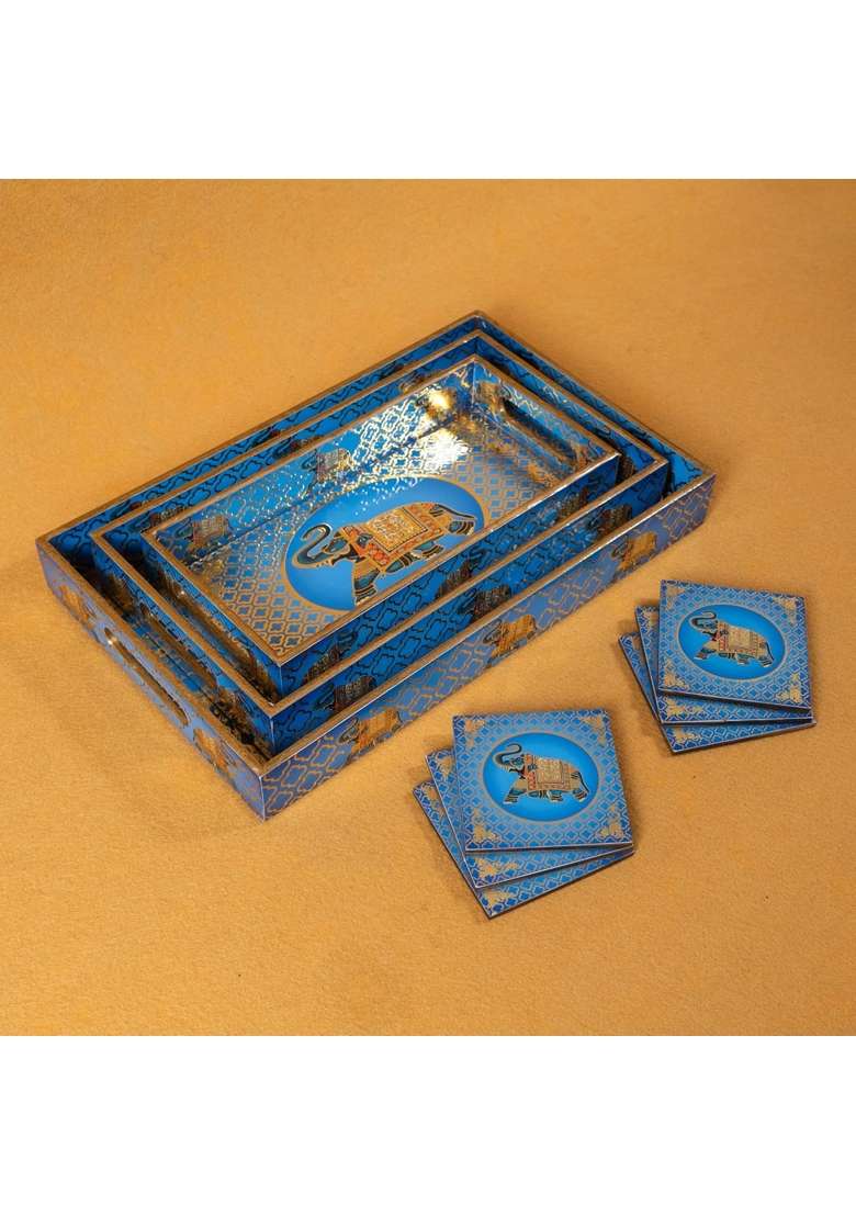 Amimashop Wooden Serving Trays with 6 Coasters Kitchen and Dining Table Decor Set of 3 - Indya
