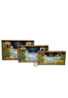 Dreams N Decor Wooden Serving Tray with Gold Engraving Size 16 X 10 Inch 14 X 8 Inch and 12 X 6 Inch Set of 3