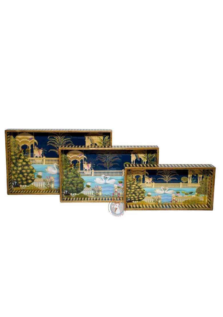 Dreams N Decor Wooden Serving Tray with Gold Engraving Size 16 X 10 Inch 14 X 8 Inch and 12 X 6 Inch Set of 3 - Indya