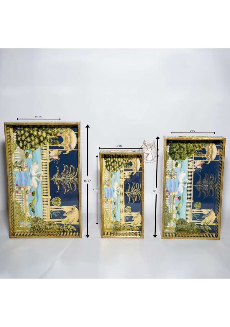 Dreams N Decor Wooden Serving Tray with Gold Engraving Size 16 X 10 Inch 14 X 8 Inch and 12 X 6 Inch Set of 3 - Indya