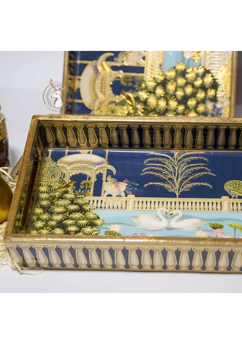 Dreams N Decor Wooden Serving Tray with Gold Engraving Size 16 X 10 Inch 14 X 8 Inch and 12 X 6 Inch Set of 3 - Indya