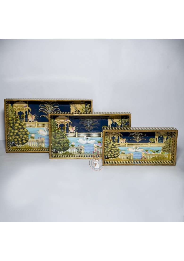 Dreams N Decor Wooden Serving Tray with Gold Engraving Size 16 X 10 Inch 14 X 8 Inch and 12 X 6 Inch Set of 3 - Indya
