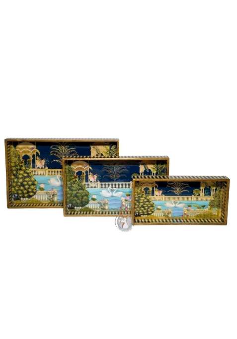 Dreams N Decor Wooden Serving Tray with Gold Engraving Size 16 X 10 Inch 14 X 8 Inch and 12 X 6 Inch Set of 3