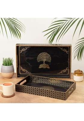 Civanahomes Wooden Serving Tray with Gold Engraving Size 16 X 10 Inch and 14 X 8 Inch Set of 2