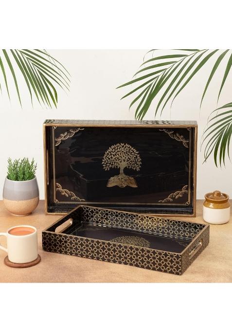 Civanahomes Wooden Serving Tray with Gold Engraving Size 16 X 10 Inch and 14 X 8 Inch Set of 2