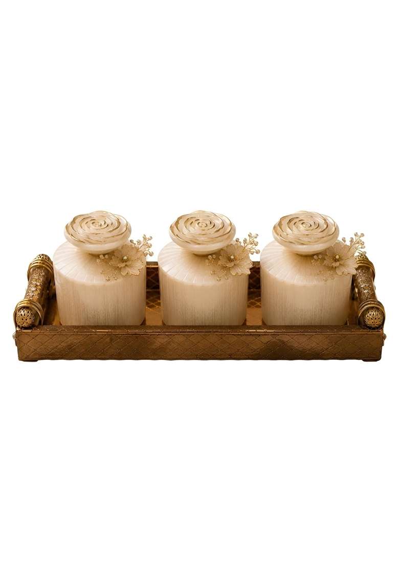 Sajja Kreation Beige Decorative 3 Jar Storage Organiser Set Resin Containers with Tray for Kitchen Countertop - Indya