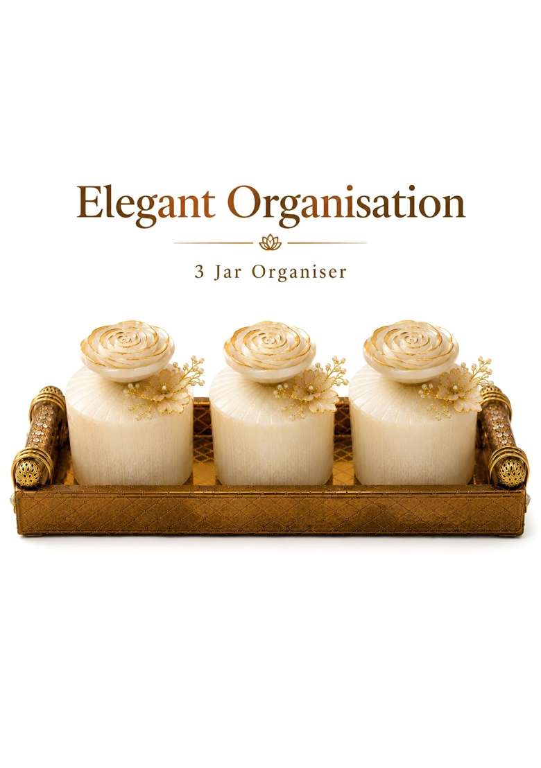 Sajja Kreation Beige Decorative 3 Jar Storage Organiser Set Resin Containers with Tray for Kitchen Countertop - Indya