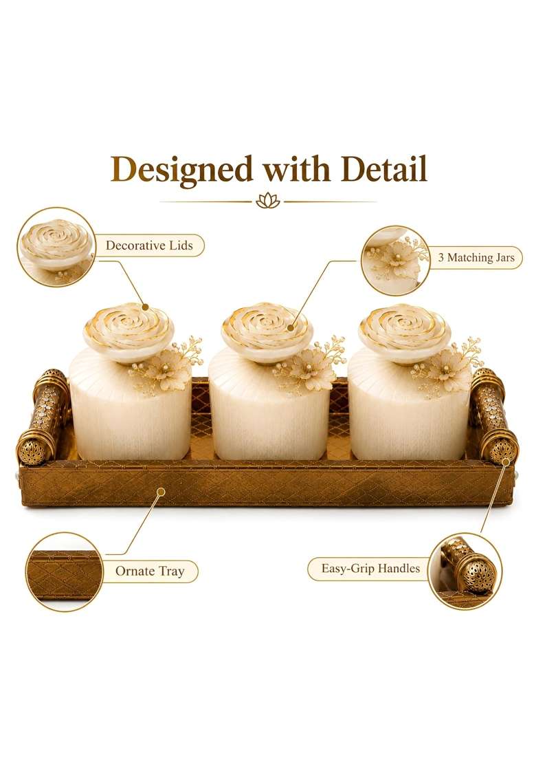 Sajja Kreation Beige Decorative 3 Jar Storage Organiser Set Resin Containers with Tray for Kitchen Countertop - Indya