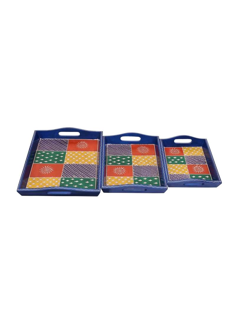 Crafted Wonders Wooden Tray Serving Brass Tray Handcrafted for Table Decor Set of 3 - Indya