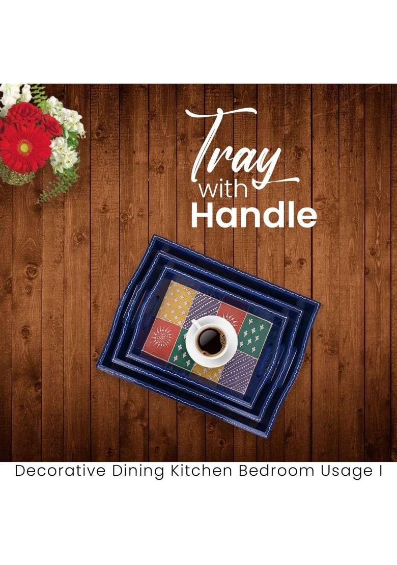 Crafted Wonders Wooden Tray Serving Brass Tray Handcrafted for Table Decor Set of 3 - Indya