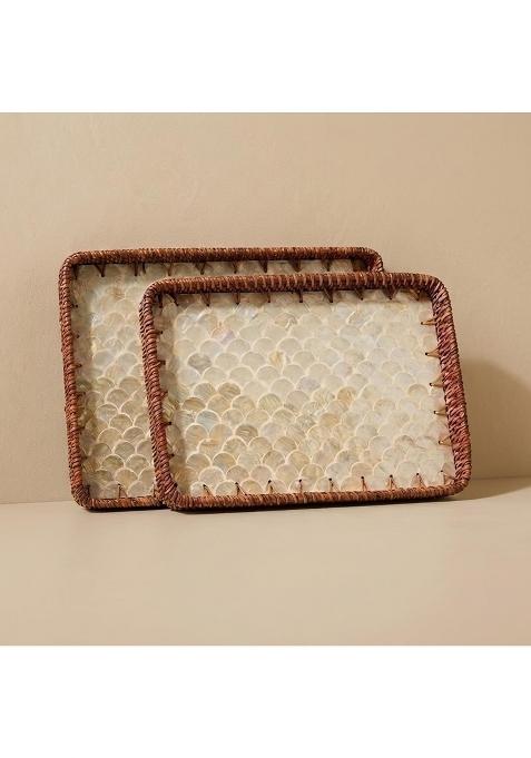 Oddpod Ivory Mother of Pearl Handcrafted Rectangular Rattan Trays Set of 2
