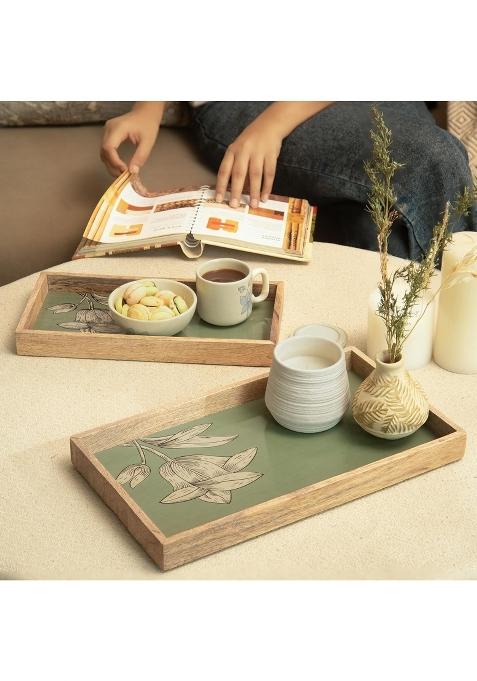 Ellementry Green Noor Wooden Tray 35x20x4 CM and 30x15x4 CM Set of 2