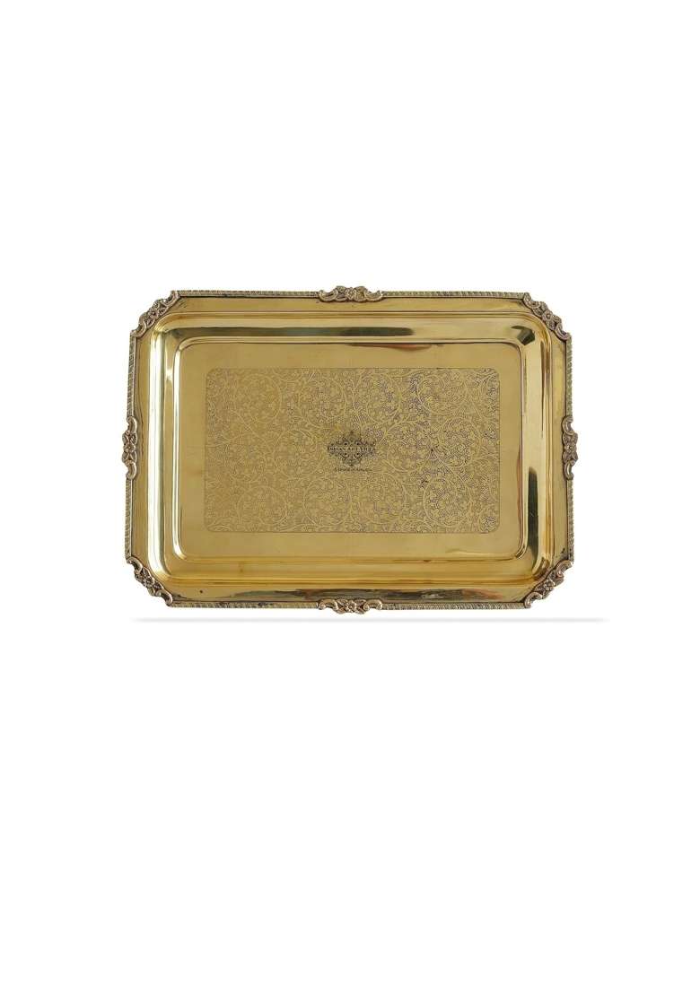 Indian ART Villa Gold Brass Rectangular Serving Tray with Embossed Design and Beaded Edging 39x29 CM - Indya
