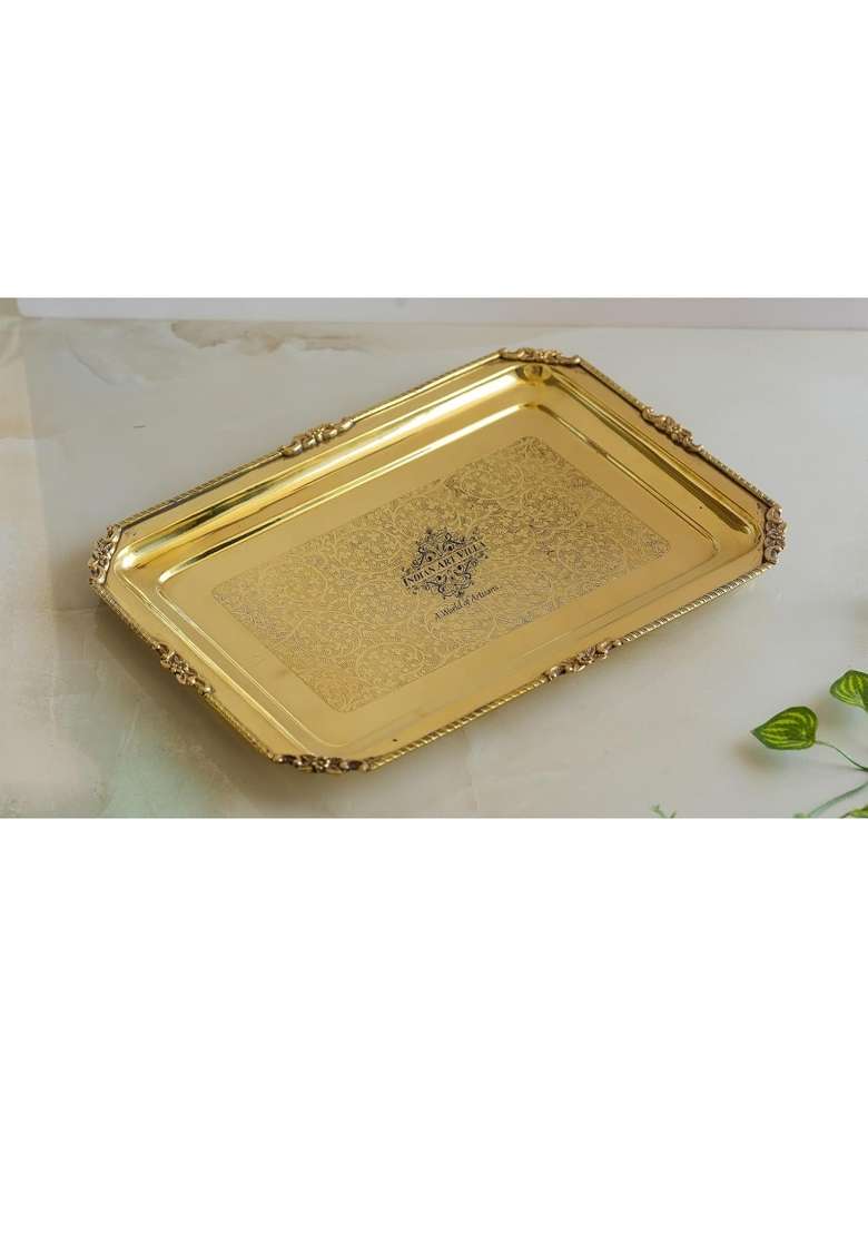 Indian ART Villa Gold Brass Rectangular Serving Tray with Embossed Design and Beaded Edging 39x29 CM - Indya