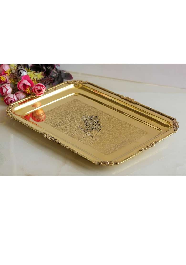 Indian ART Villa Gold Brass Rectangular Serving Tray with Embossed Design and Beaded Edging 39x29 CM - Indya