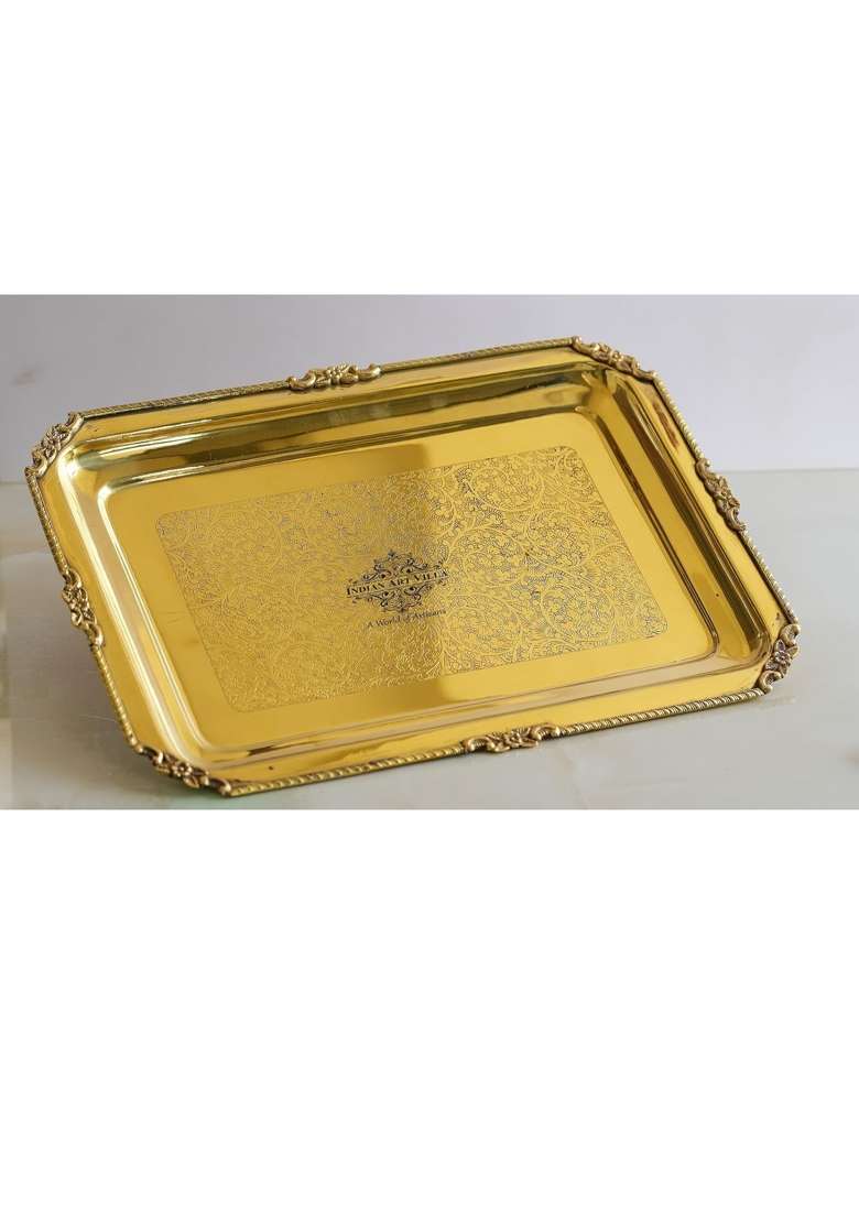 Indian ART Villa Gold Brass Rectangular Serving Tray with Embossed Design and Beaded Edging 39x29 CM - Indya