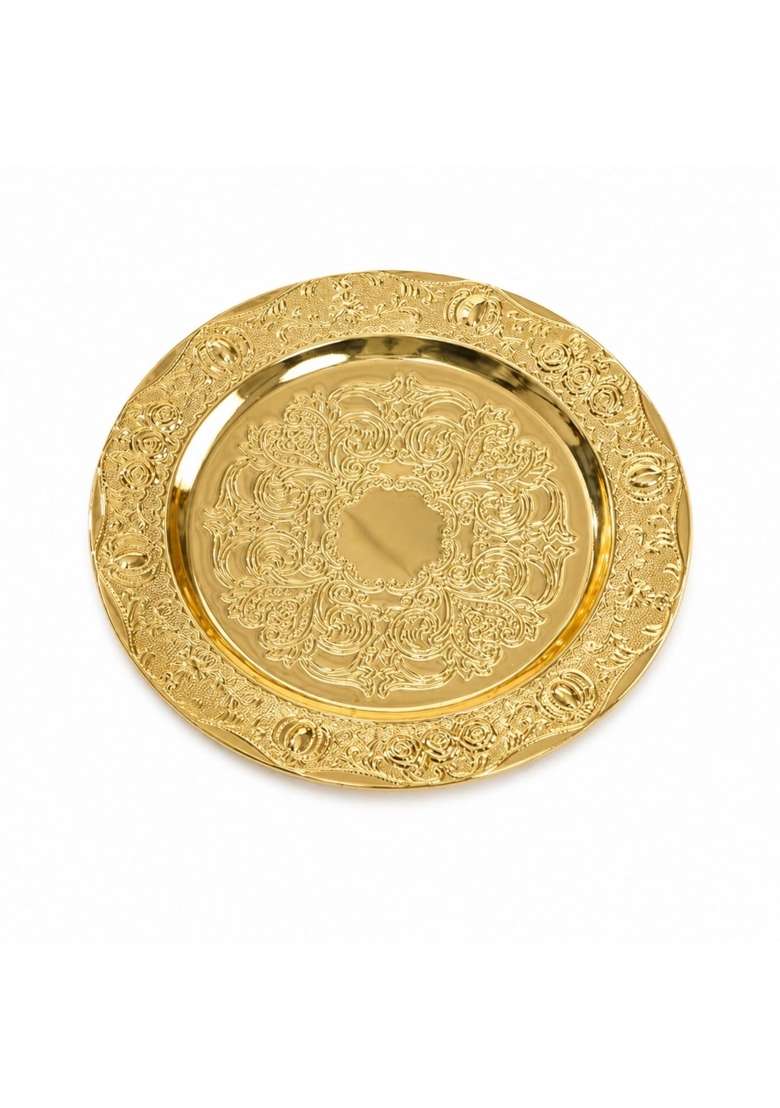 Merishopp Gold Serving Tray with Raised Rim Ornate Decorative Tray Metal Platter Traditional for Hosts - Indya
