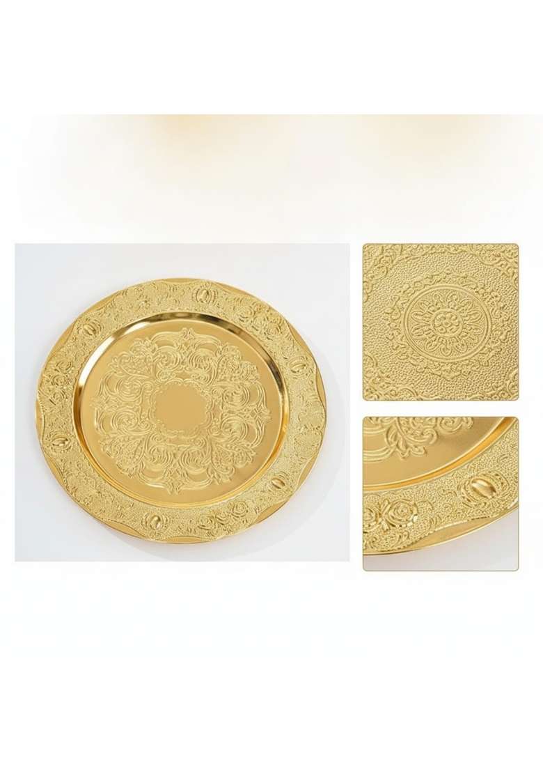 Merishopp Gold Serving Tray with Raised Rim Ornate Decorative Tray Metal Platter Traditional for Hosts - Indya
