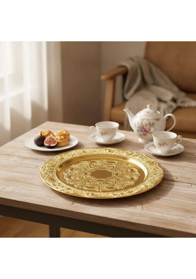 Merishopp Gold Serving Tray with Raised Rim Ornate Decorative Tray Metal Platter Traditional for Hosts - Indya