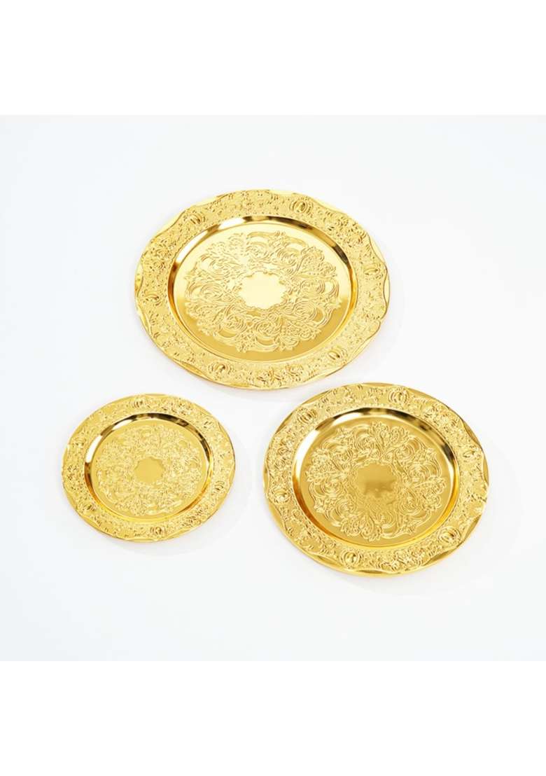 Merishopp Gold Serving Tray with Raised Rim Ornate Decorative Tray Metal Platter Traditional for Hosts - Indya
