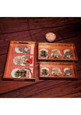 Nilaara Premium Wooden Tray Set for Serving with Gold Engraving 16 X 10 Inch Set of 3