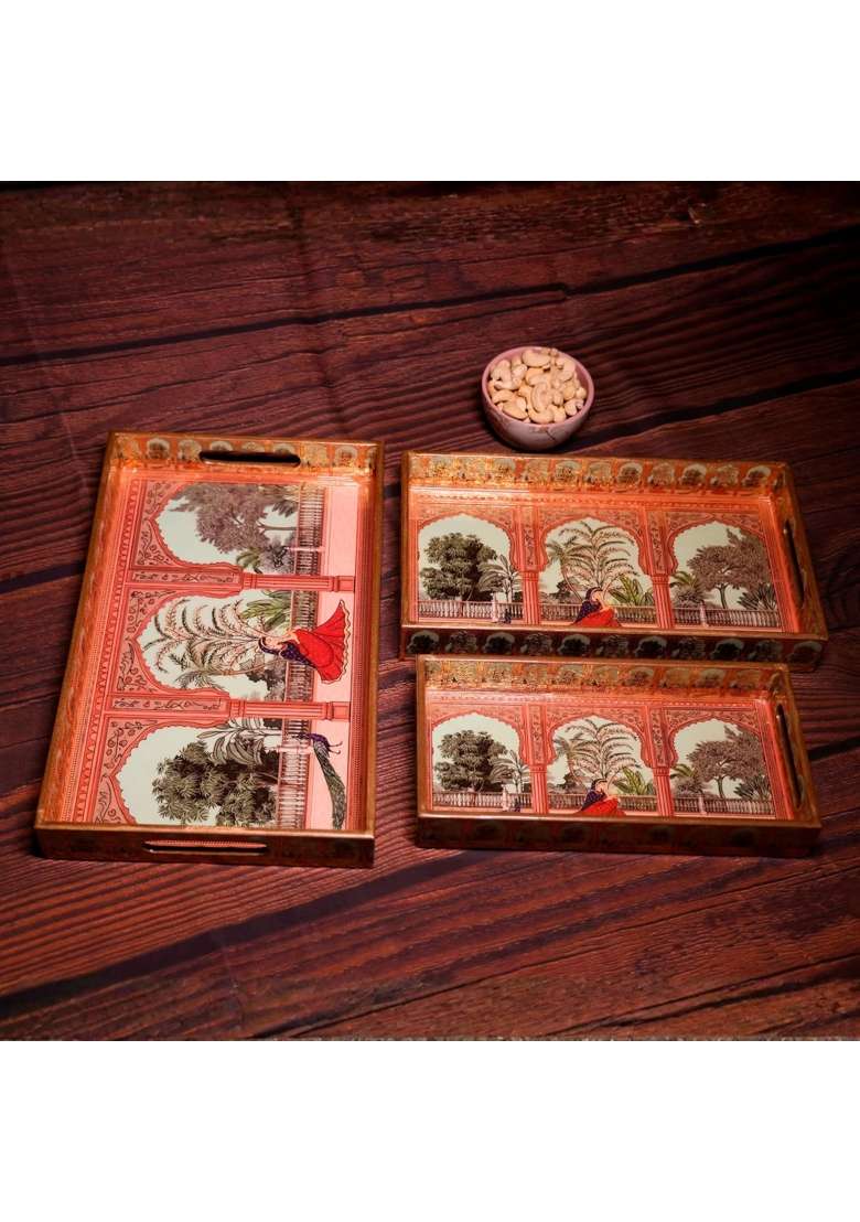 Nilaara Premium Wooden Tray Set for Serving with Gold Engraving 16 X 10 Inch Set of 3 - Indya