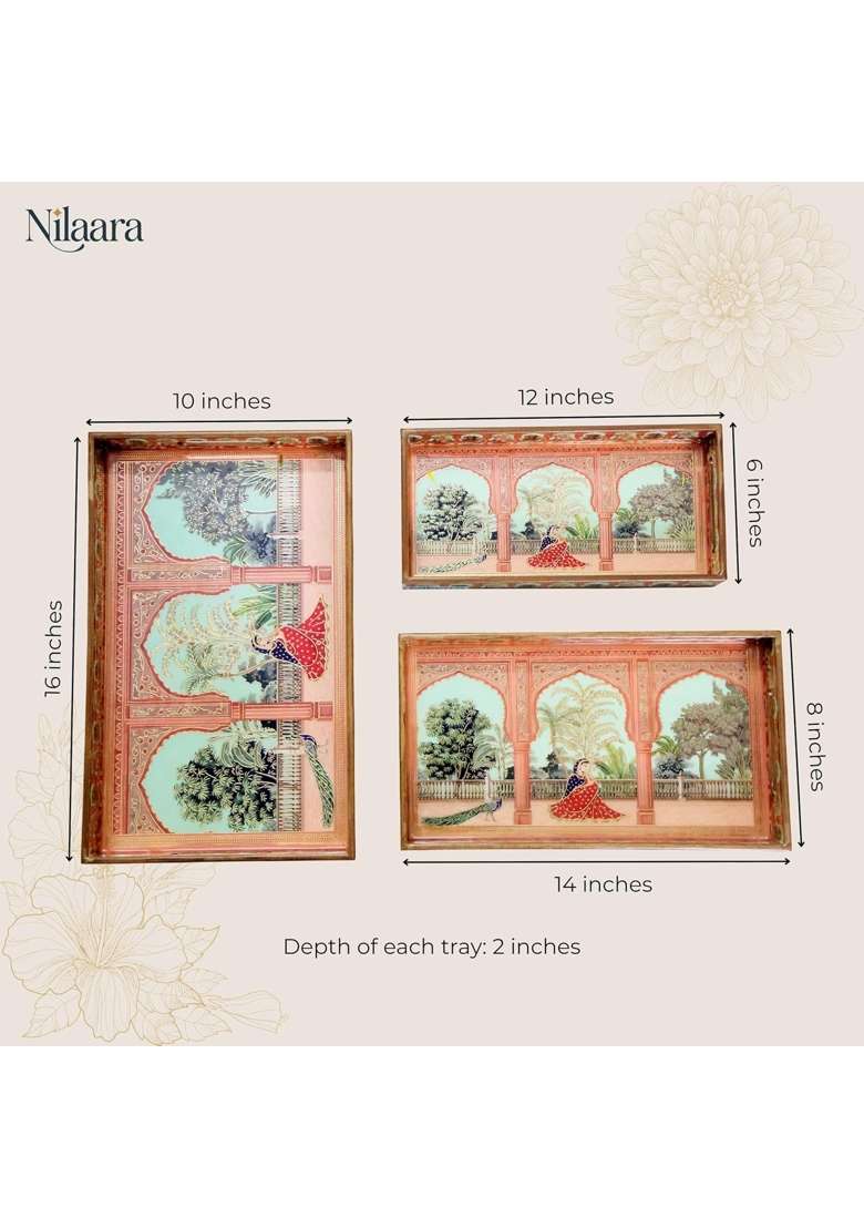 Nilaara Premium Wooden Tray Set for Serving with Gold Engraving 16 X 10 Inch Set of 3 - Indya