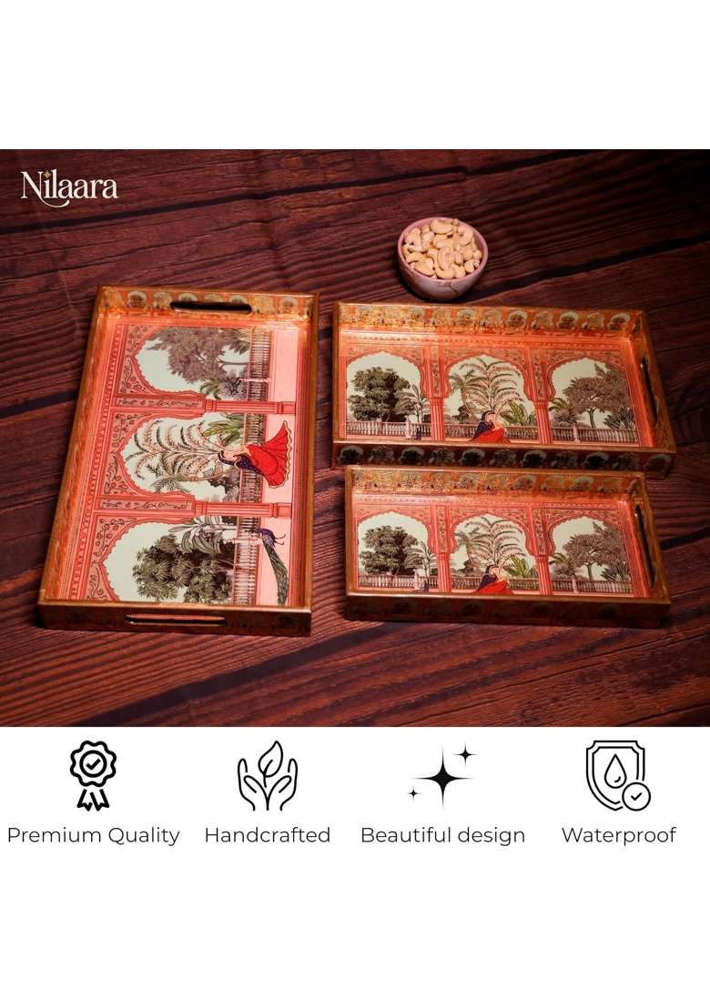 Nilaara Premium Wooden Tray Set for Serving with Gold Engraving 16 X 10 Inch Set of 3 - Indya
