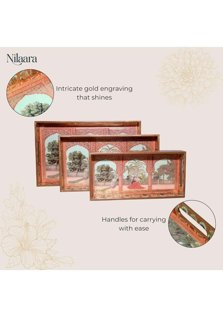 Nilaara Premium Wooden Tray Set for Serving with Gold Engraving 16 X 10 Inch Set of 3 - Indya