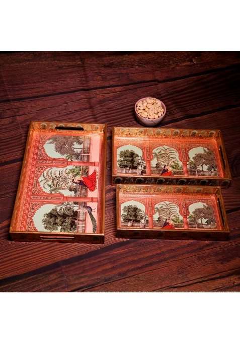 Nilaara Premium Wooden Tray Set for Serving with Gold Engraving 16 X 10 Inch Set of 3