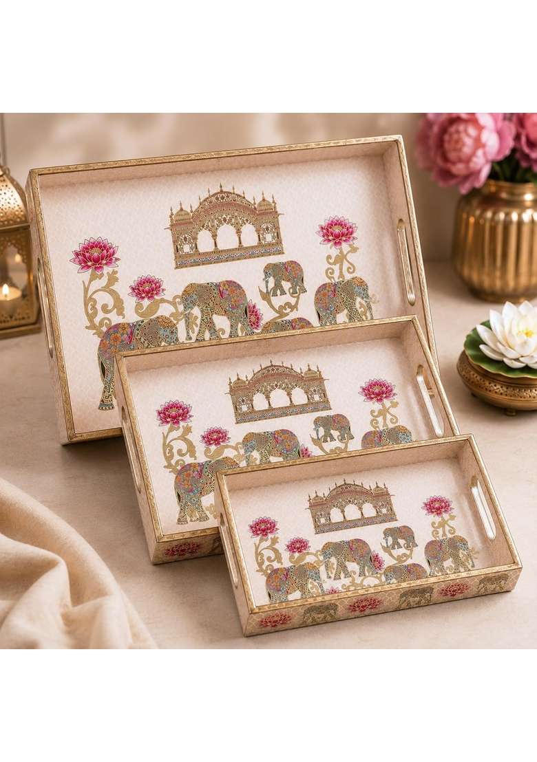 The Earth Store Regal Elephant Premium Wooden Serving Tray Engineered Wood with Resin Art Set of 3 - Indya