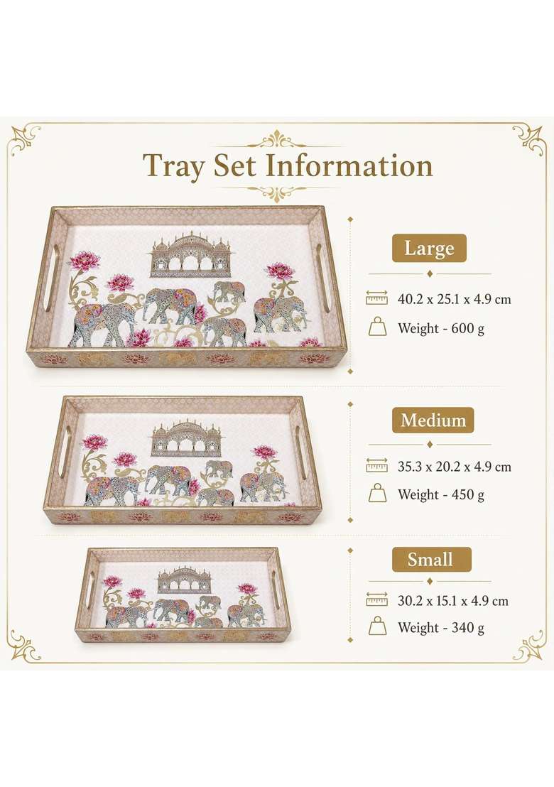 The Earth Store Regal Elephant Premium Wooden Serving Tray Engineered Wood with Resin Art Set of 3 - Indya