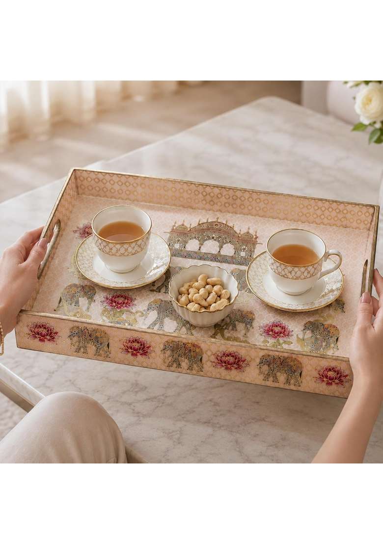 The Earth Store Regal Elephant Premium Wooden Serving Tray Engineered Wood with Resin Art Set of 3 - Indya