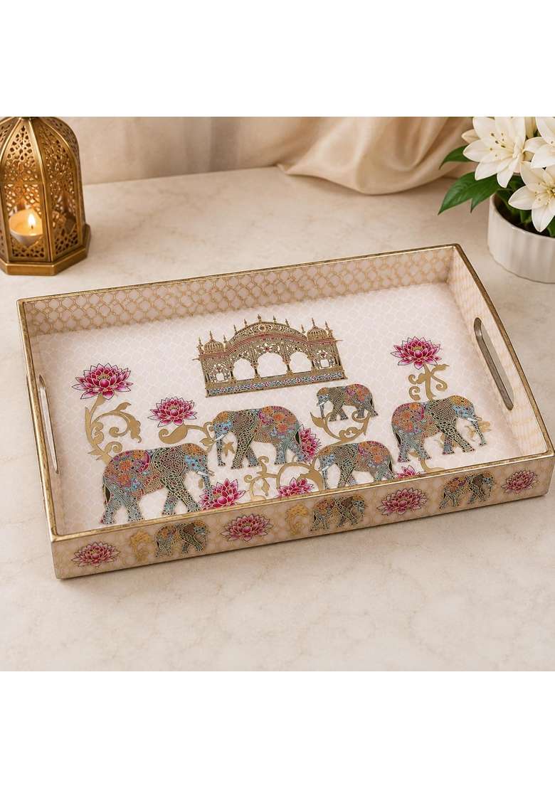 The Earth Store Regal Elephant Premium Wooden Serving Tray Engineered Wood with Resin Art Set of 3 - Indya