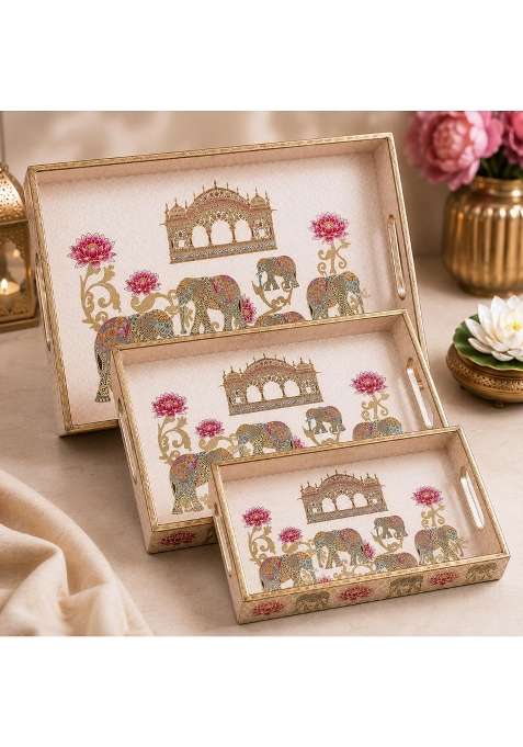 The Earth Store Regal Elephant Premium Wooden Serving Tray Engineered Wood with Resin Art Set of 3