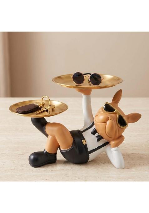 Go Hooked Black Polyresin Bulldog Storage Tray Stand 25CM Dual Serving Decorative Sculpture